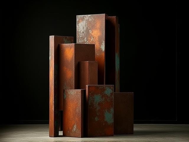 Escultura abstracta de metal reciclado con acabado oxidado, hecha por Javier M.