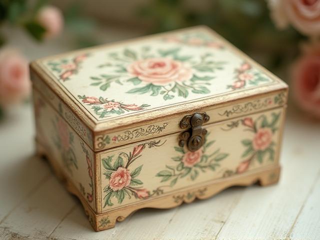 Caja de madera decorada con pintura acrílica y técnica de decoupage, con motivos vintage y florales.